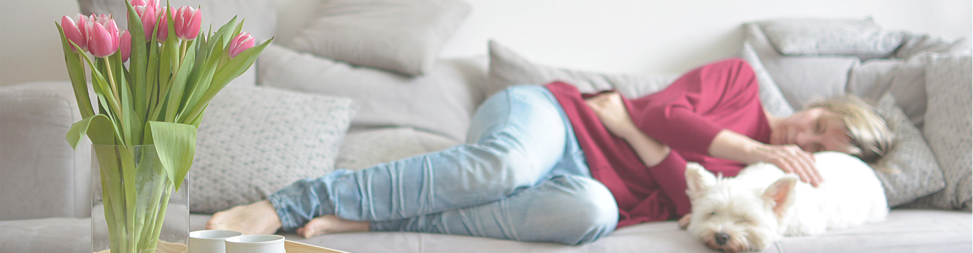 woman asleep on sofa with dog