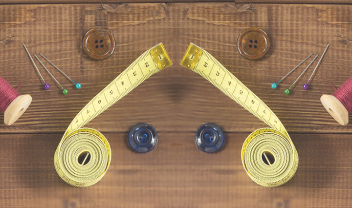 sewing equipment on a wooden surface